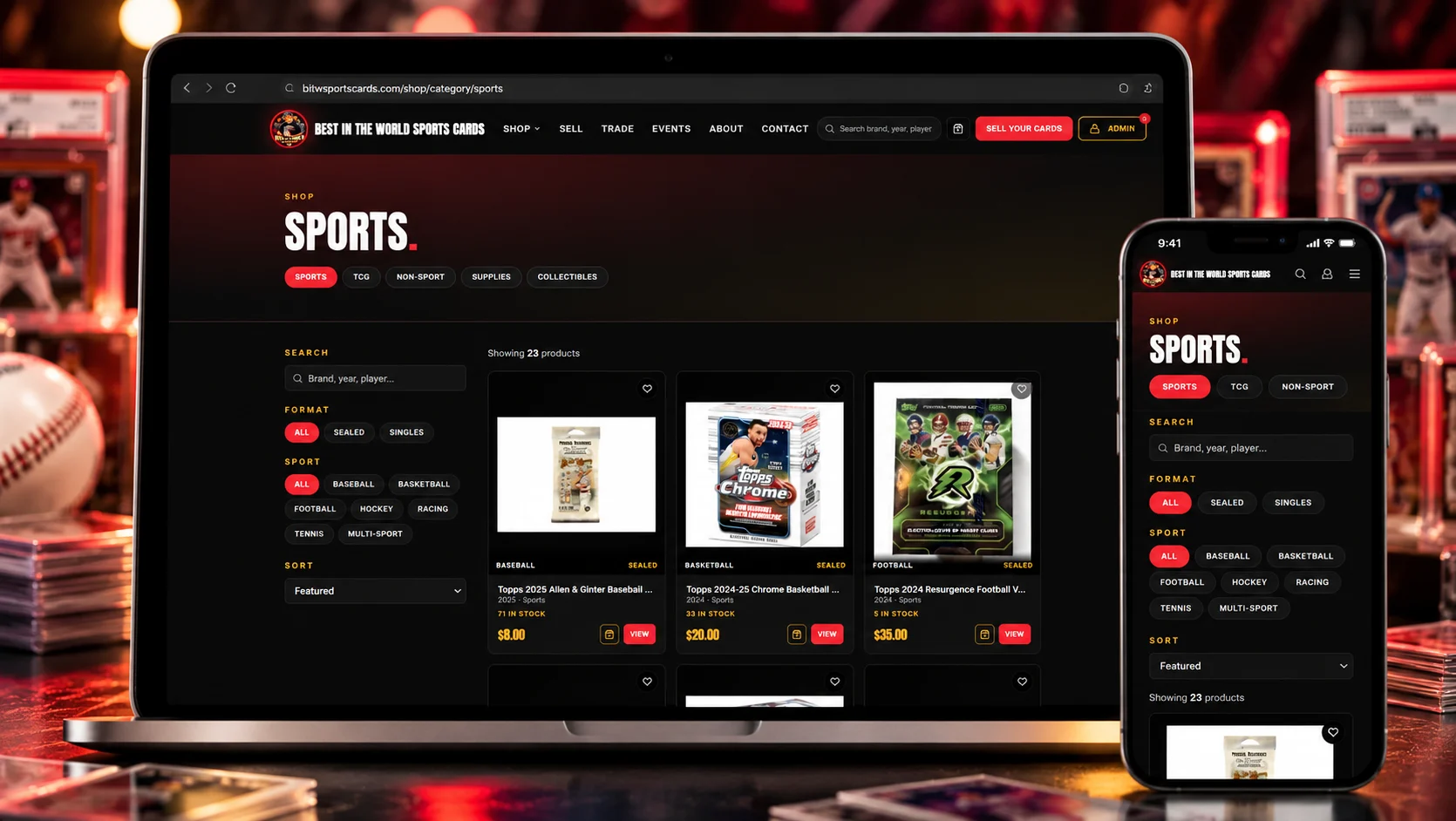 Sports card e-commerce storefront with product filtering and inventory browsing