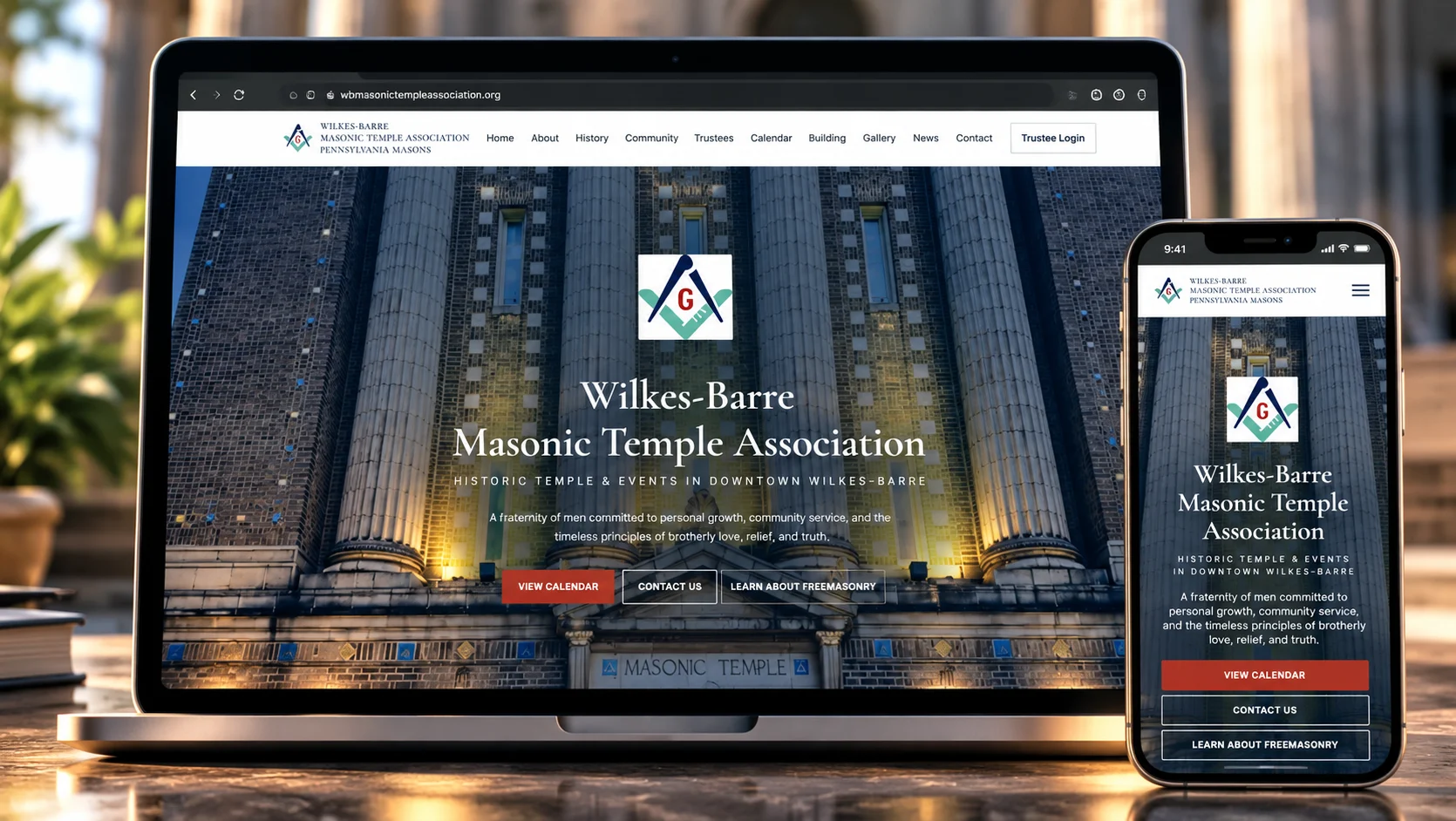 Wilkes-Barre Masonic Temple Association responsive website designed by Rooted Studio & Co.