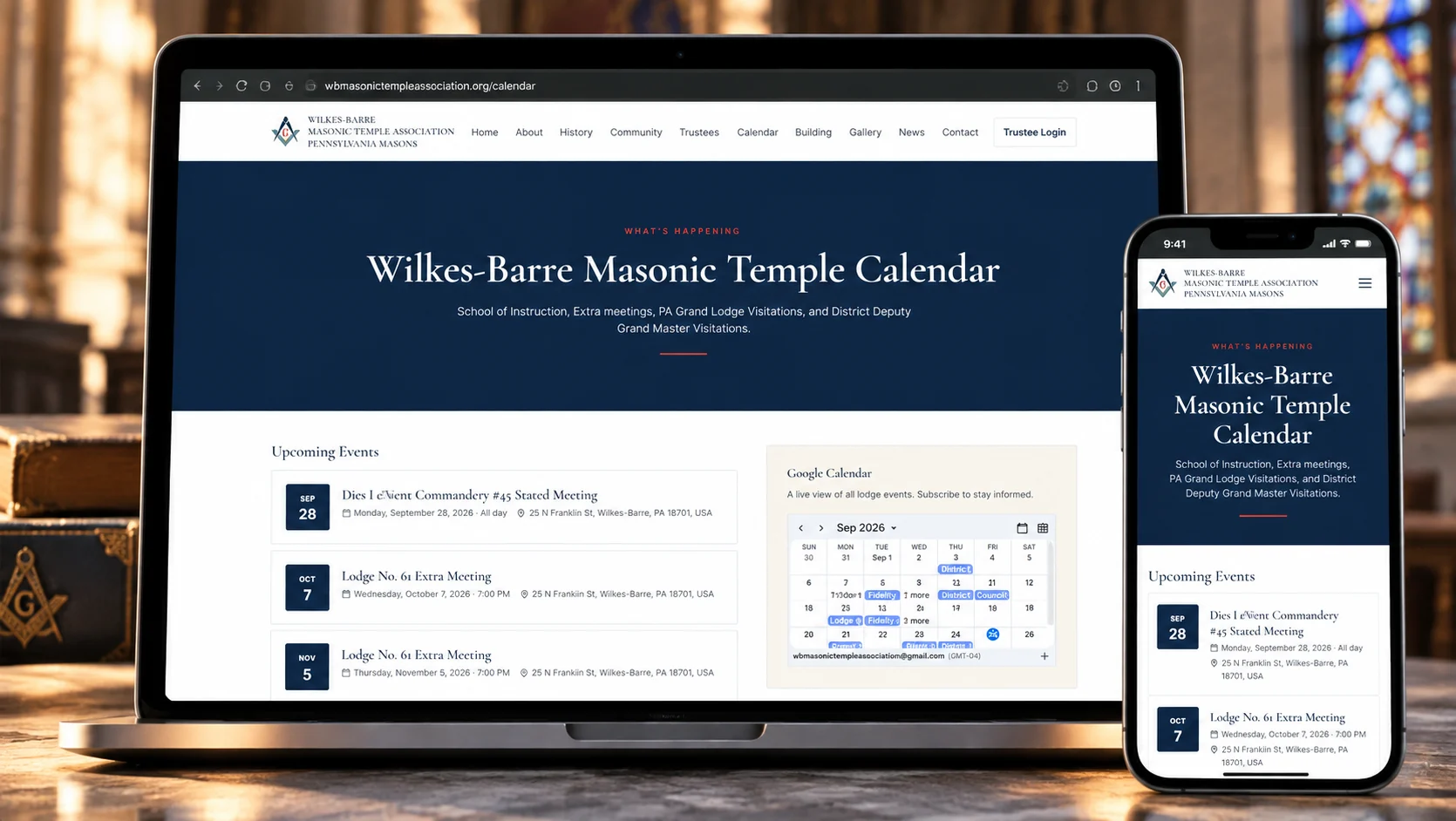 Wilkes-Barre Masonic Temple event calendar website design shown on desktop and mobile