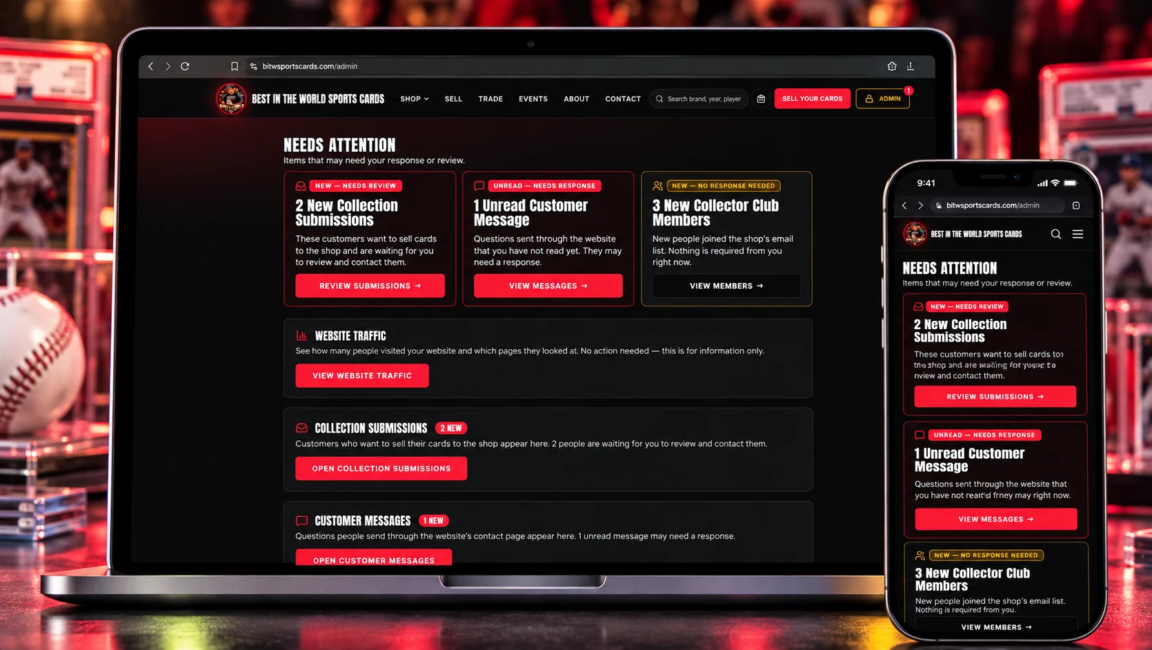 Custom sports card shop admin dashboard with website analytics and business management tools