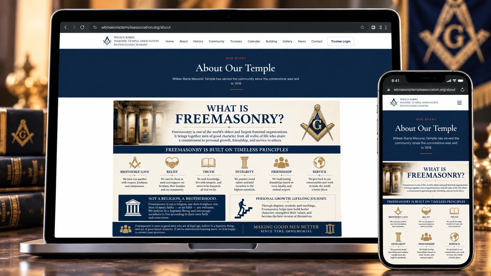 Wilkes-Barre Masonic Temple About page and Freemasonry information website design