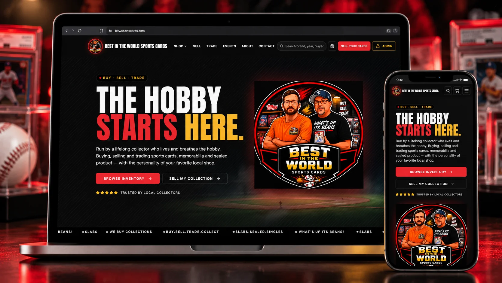 Best in the World Sports Cards custom e-commerce website displayed on desktop and mobile