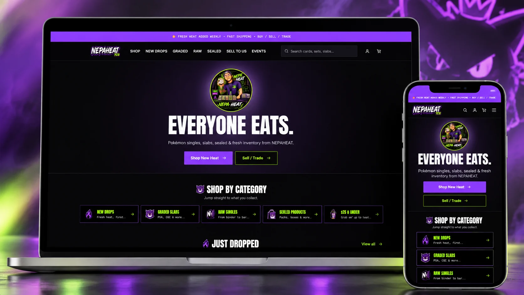 NEPAHEAT Pokémon TCG e-commerce website displayed on desktop and mobile devices, designed by Rooted Studio & Co.
