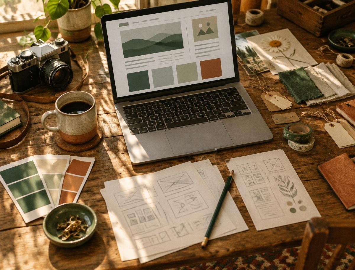 Creative workspace with sketches, color swatches, a camera, and a laptop