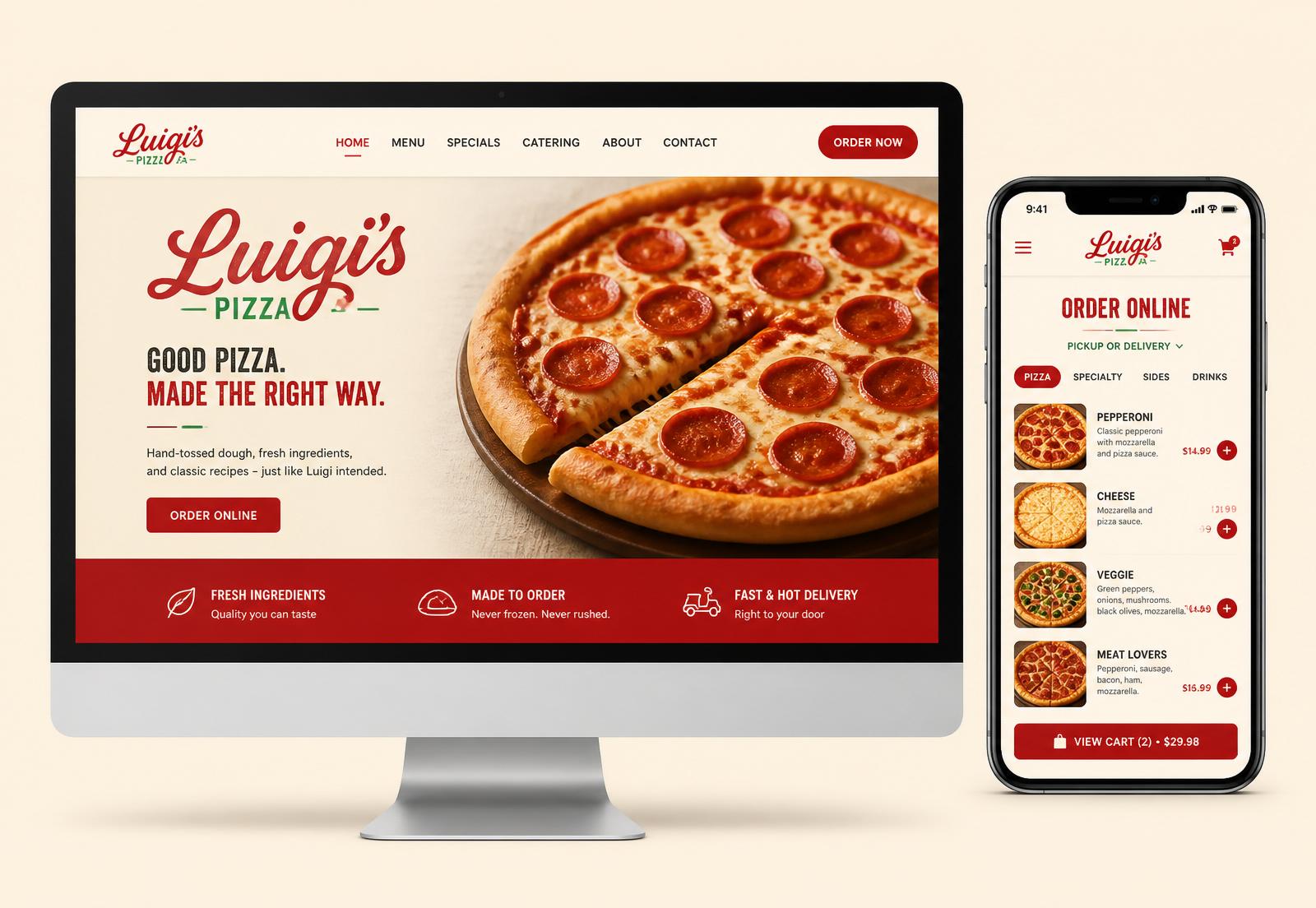 Luigi's Pizza website on desktop and mobile